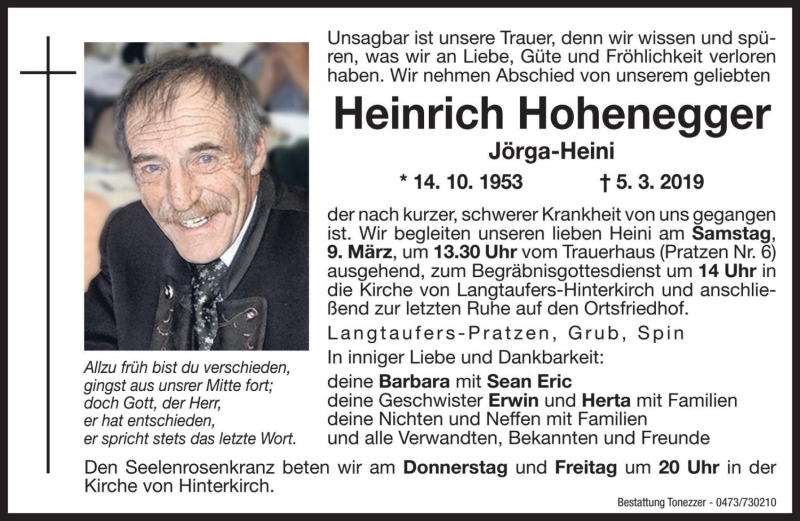  Traueranzeige für Heinrich Hohenegger vom 07.03.2019 aus Dolomiten