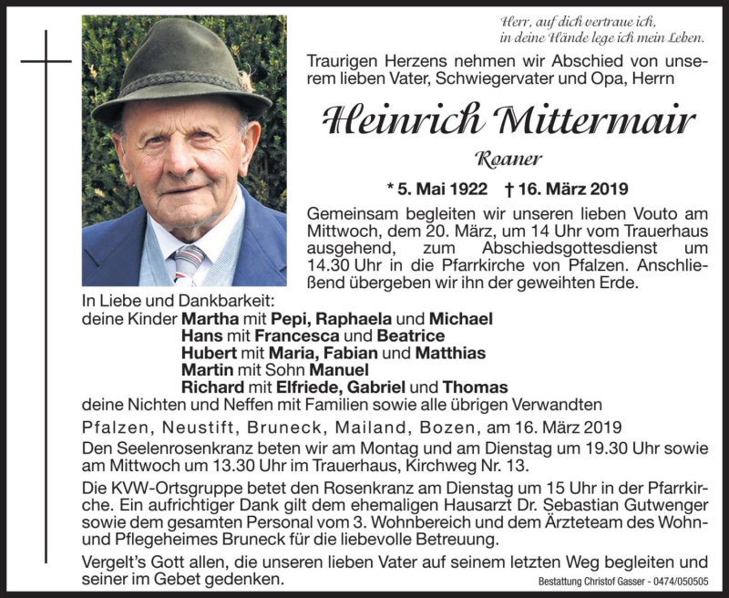  Traueranzeige für Heinrich Mittermair vom 18.03.2019 aus Dolomiten