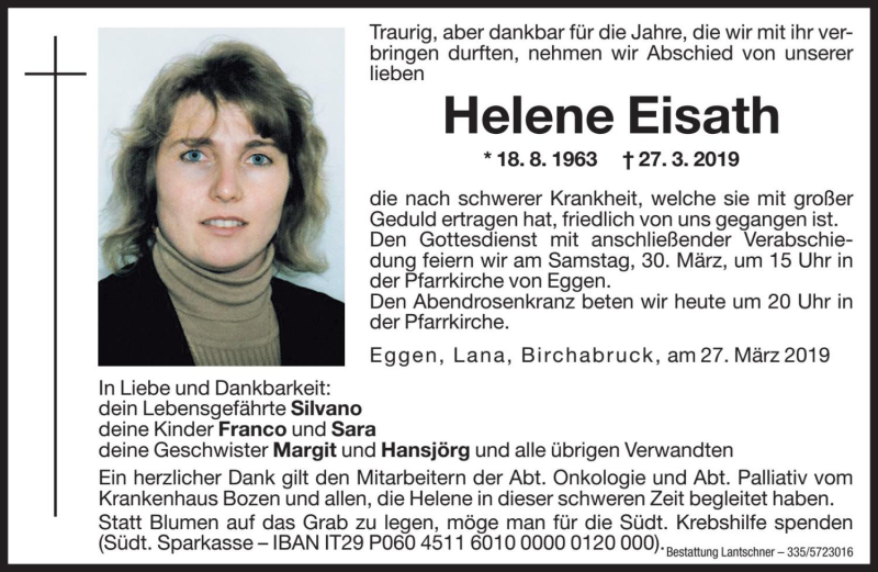  Traueranzeige für Helene Eisath vom 29.03.2019 aus Dolomiten