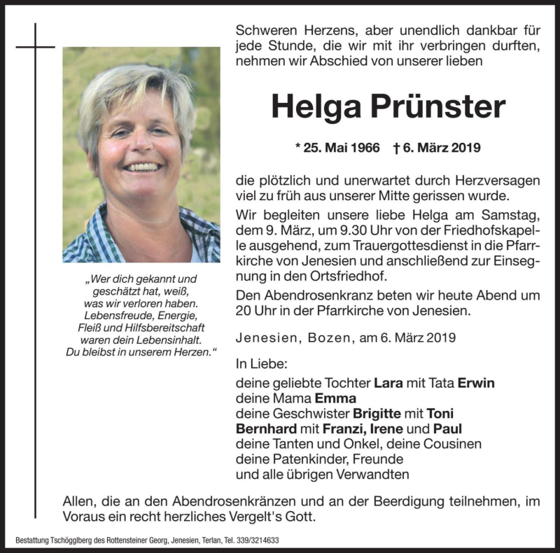 Traueranzeige für Helga Prünster vom 08.03.2019 aus Dolomiten