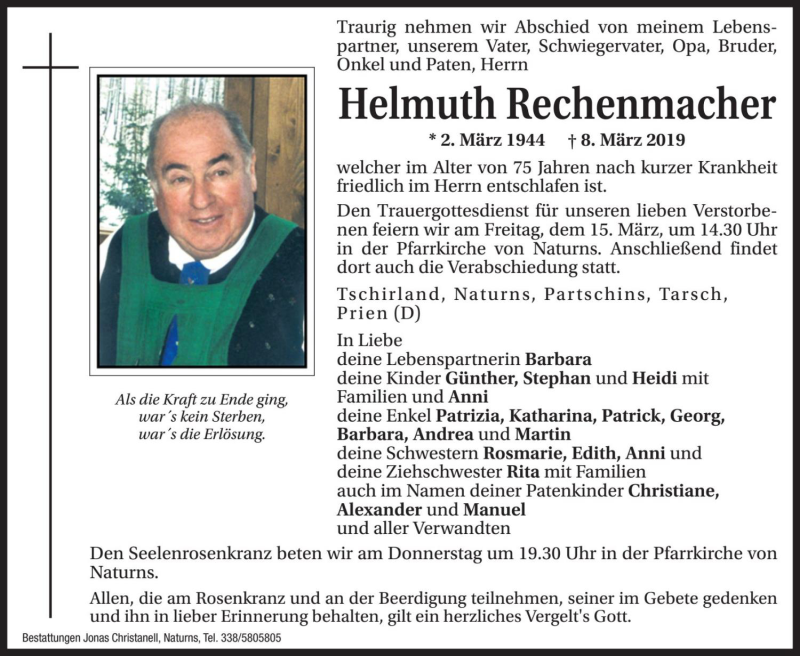  Traueranzeige für Helmuth Rechenmacher vom 13.03.2019 aus Dolomiten