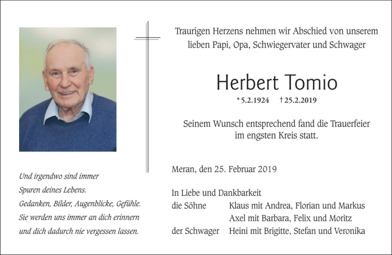  Traueranzeige für Herbert Tomio vom 08.03.2019 aus Dolomiten