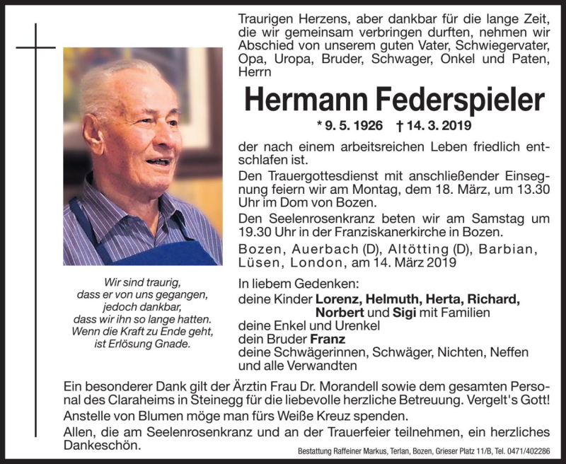 Traueranzeige für Hermann Federspieler vom 15.03.2019 aus Dolomiten