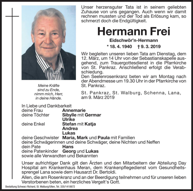  Traueranzeige für Hermann Frei vom 11.03.2019 aus Dolomiten