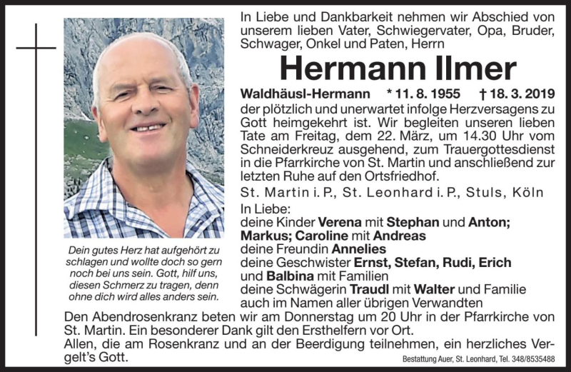  Traueranzeige für Hermann Ilmer vom 21.03.2019 aus Dolomiten