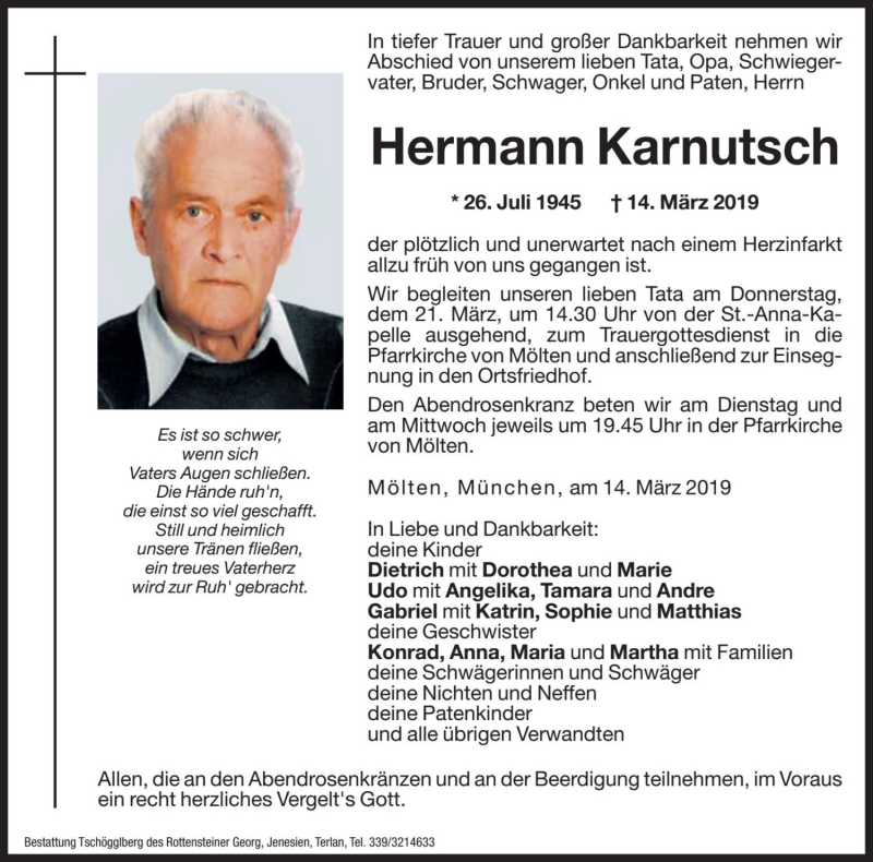  Traueranzeige für Hermann Karnutsch vom 19.03.2019 aus Dolomiten