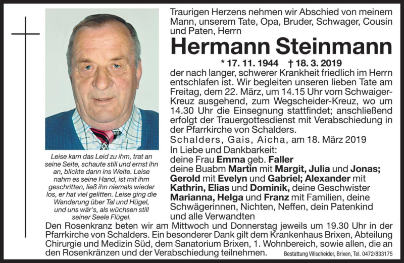  Traueranzeige für Hermann Steinmann vom 20.03.2019 aus Dolomiten