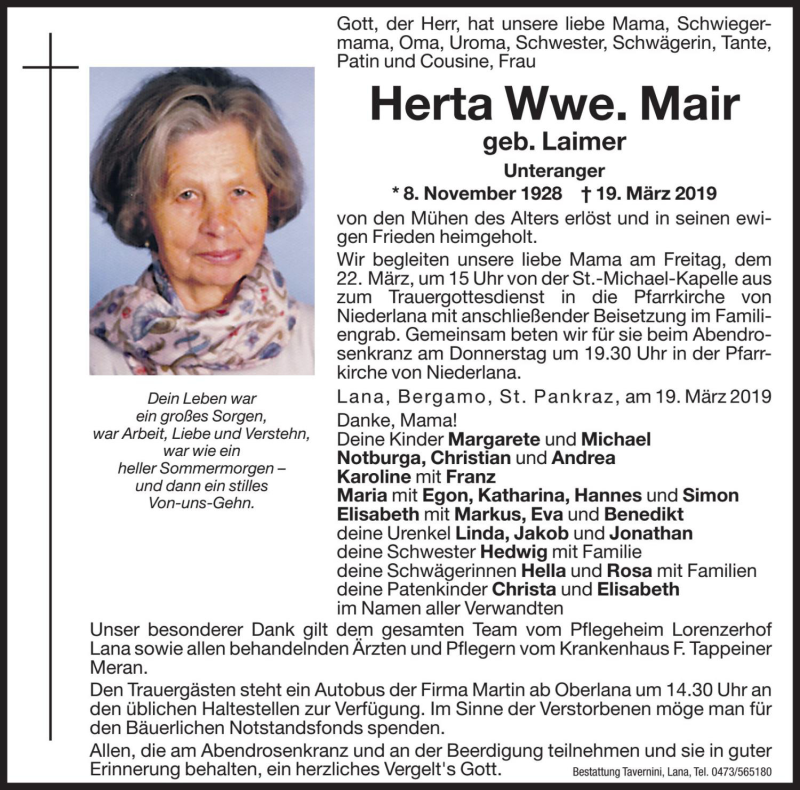  Traueranzeige für Herta Mair vom 20.03.2019 aus Dolomiten