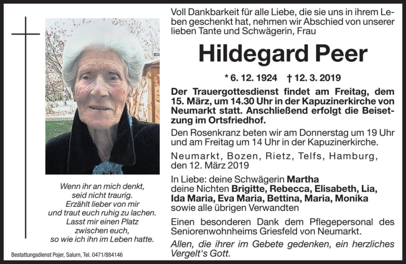  Traueranzeige für Hildegard Peer vom 13.03.2019 aus Dolomiten