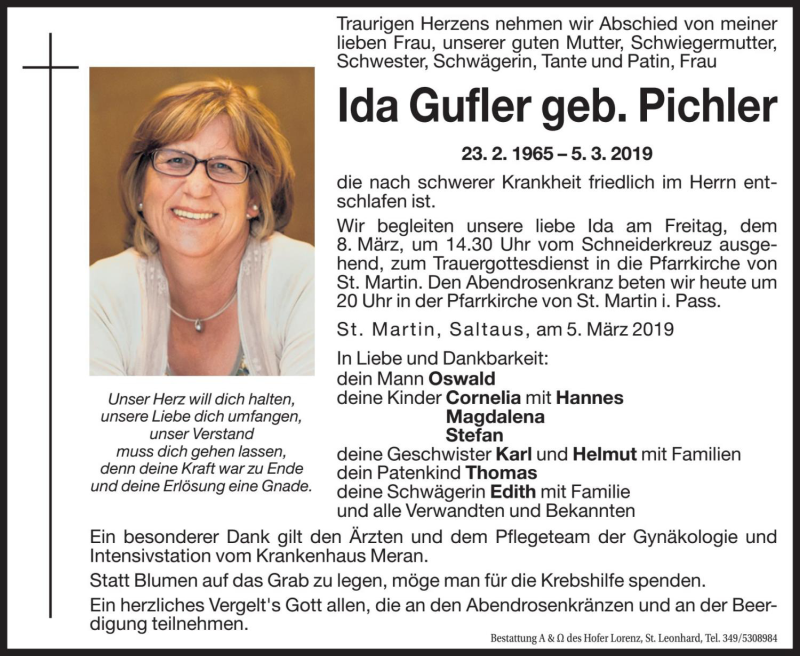  Traueranzeige für Ida Gufler vom 07.03.2019 aus Dolomiten