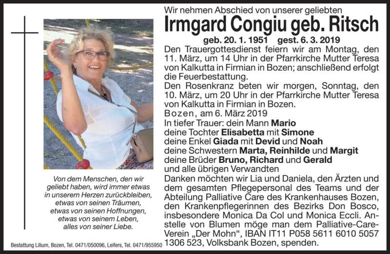  Traueranzeige für Irmgard Congiu vom 09.03.2019 aus Dolomiten