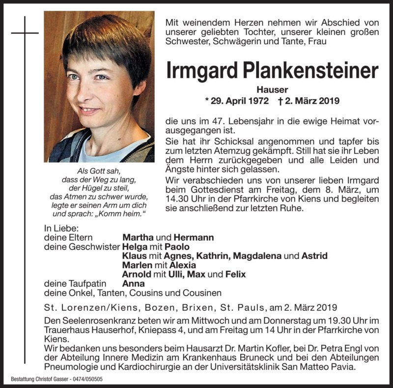  Traueranzeige für Irmgard Plankensteiner vom 06.03.2019 aus Dolomiten