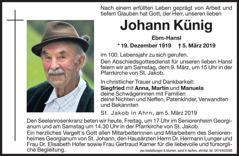  Traueranzeige für Johann Künig vom 08.03.2019 aus Dolomiten