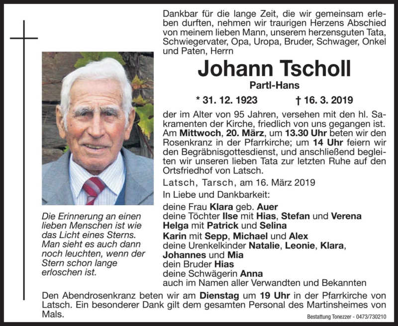  Traueranzeige für Johann Tscholl vom 18.03.2019 aus Dolomiten