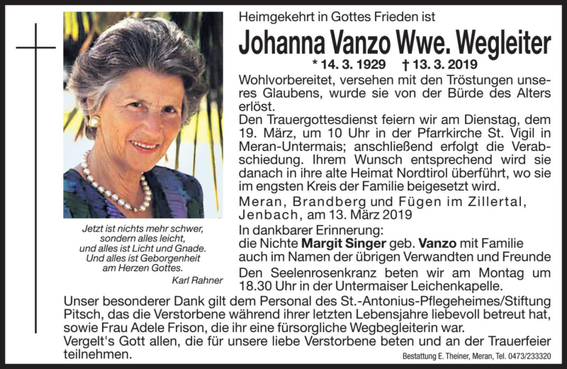  Traueranzeige für Johanna Wegleiter vom 15.03.2019 aus Dolomiten