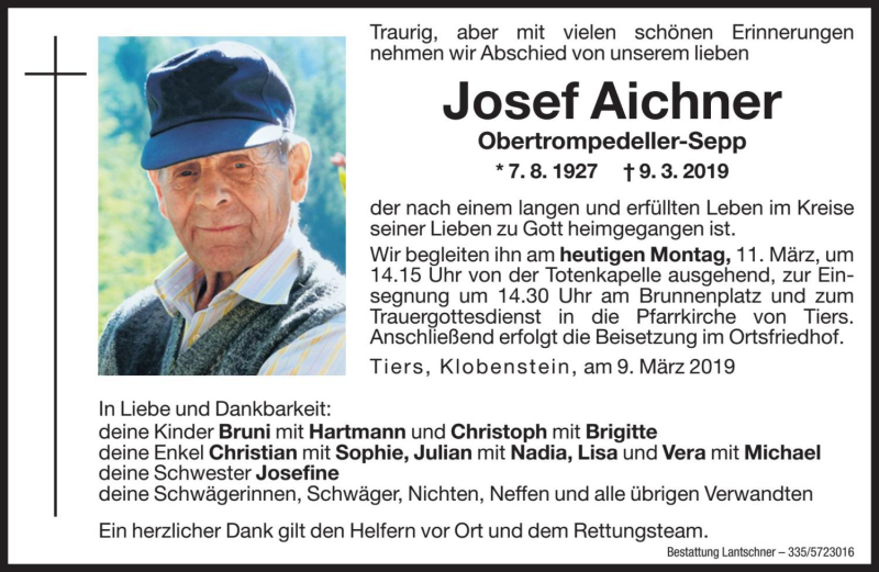  Traueranzeige für Josef Aichner vom 11.03.2019 aus Dolomiten