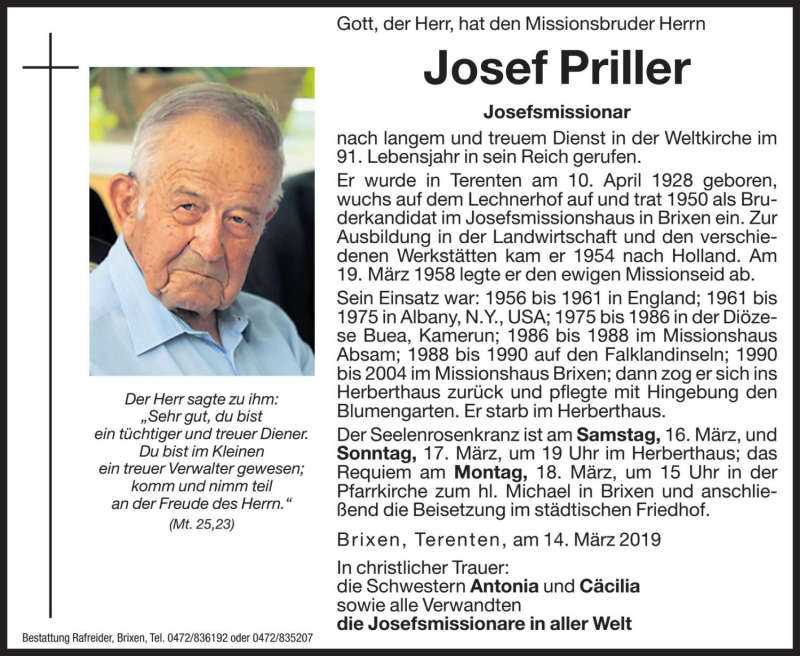  Traueranzeige für Josef Priller vom 16.03.2019 aus Dolomiten
