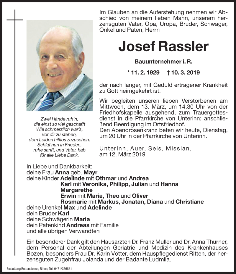  Traueranzeige für Josef Rassler vom 12.03.2019 aus Dolomiten