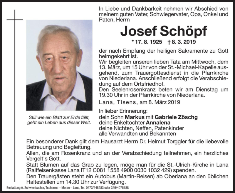  Traueranzeige für Josef Schöpf vom 11.03.2019 aus Dolomiten