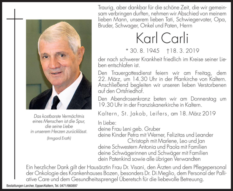  Traueranzeige für Karl Carli vom 20.03.2019 aus Dolomiten