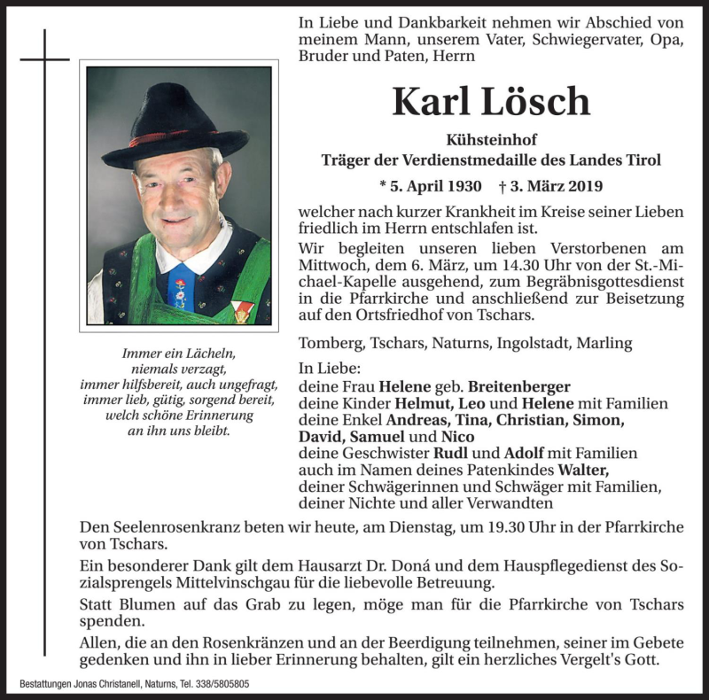  Traueranzeige für Karl Lösch vom 05.03.2019 aus Dolomiten