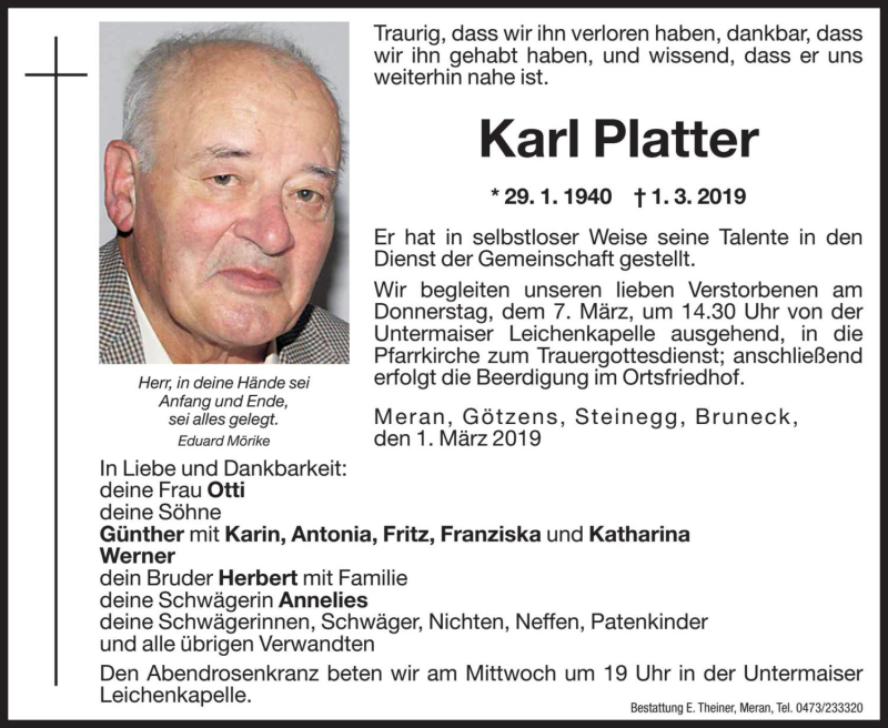  Traueranzeige für Karl Platter vom 05.03.2019 aus Dolomiten