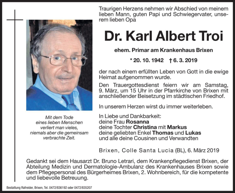  Traueranzeige für Karl Albert Troi vom 08.03.2019 aus Dolomiten