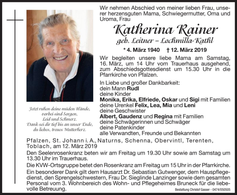 Traueranzeige für Katherina Rainer vom 15.03.2019 aus Dolomiten