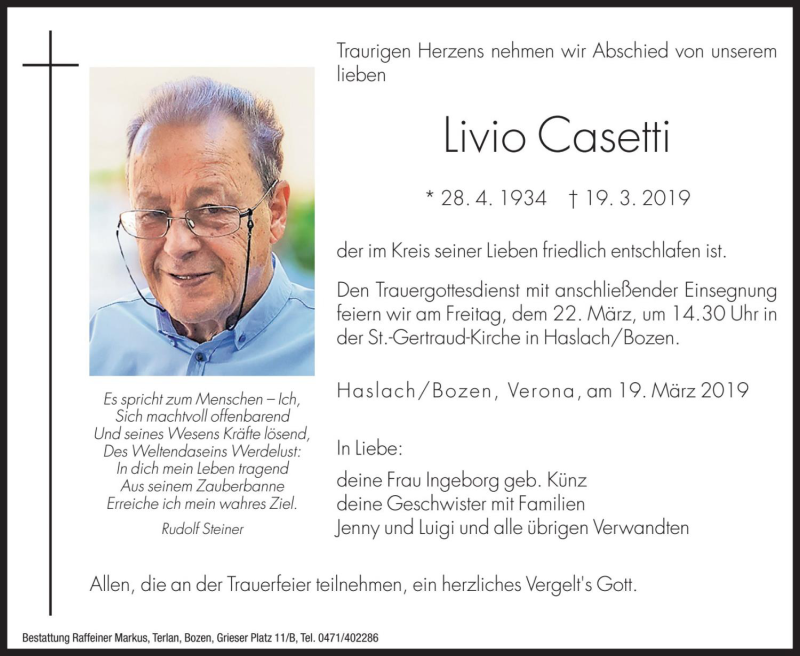  Traueranzeige für Livio Casetti vom 21.03.2019 aus Dolomiten