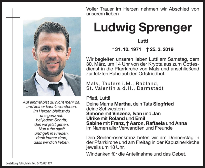  Traueranzeige für Ludwig Sprenger vom 28.03.2019 aus Dolomiten
