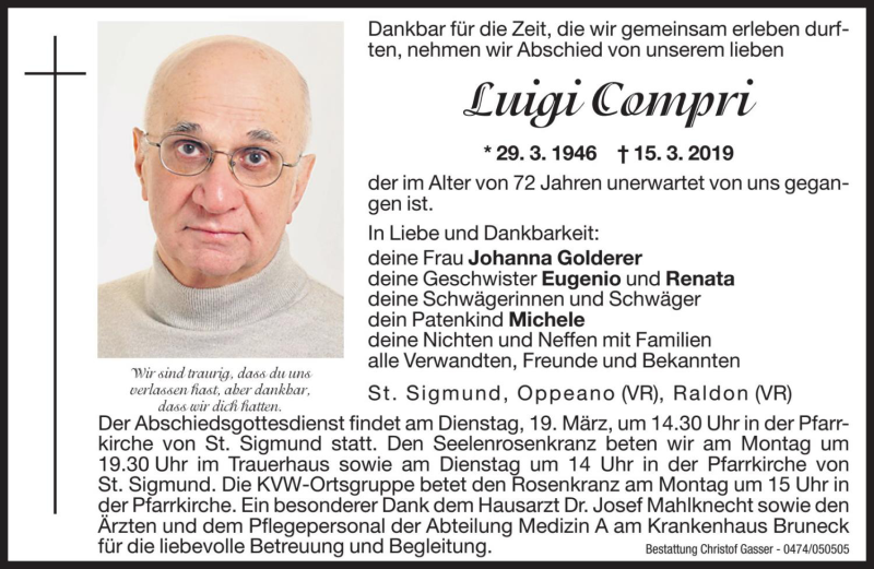  Traueranzeige für Luigi Compri vom 18.03.2019 aus Dolomiten