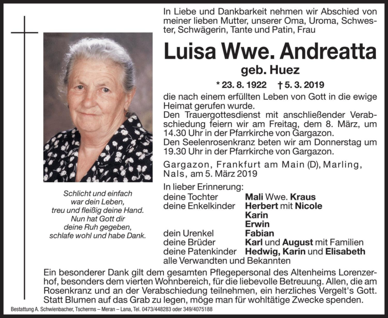  Traueranzeige für Luisa Andreatta vom 07.03.2019 aus Dolomiten