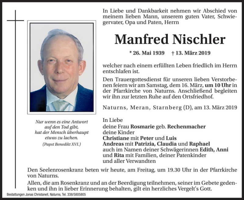  Traueranzeige für Manfred Nischler vom 15.03.2019 aus Dolomiten