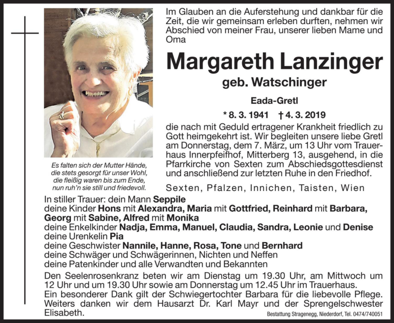  Traueranzeige für Margareth Lanzinger vom 05.03.2019 aus Dolomiten