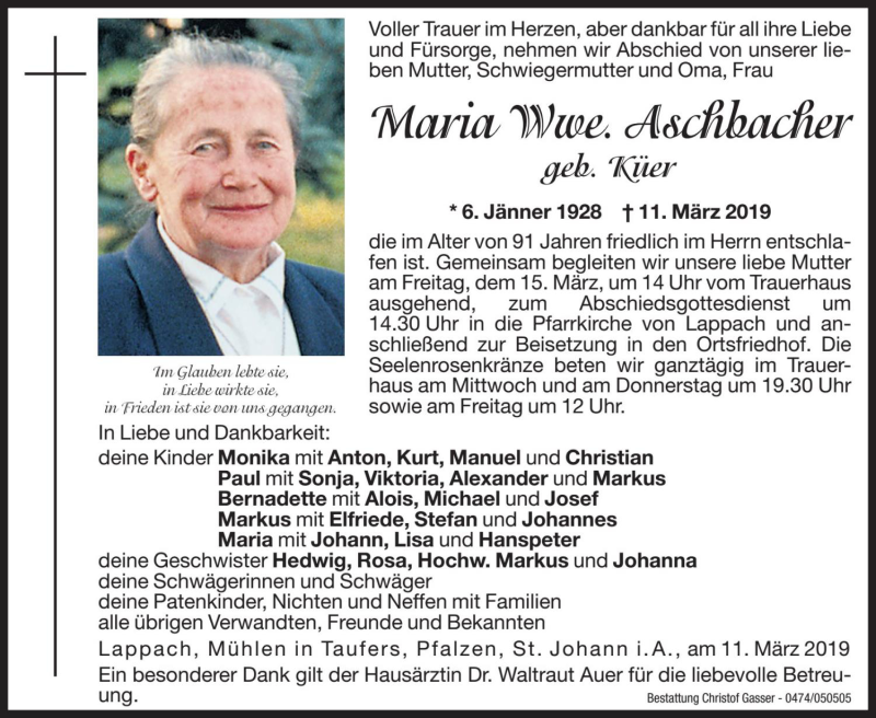  Traueranzeige für Maria Aschbacher vom 13.03.2019 aus Dolomiten