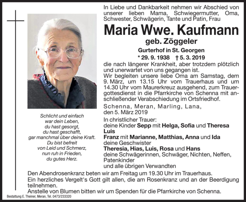  Traueranzeige für Maria Kaufmann vom 08.03.2019 aus Dolomiten