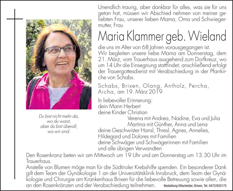  Traueranzeige für Maria Klammer vom 20.03.2019 aus Dolomiten