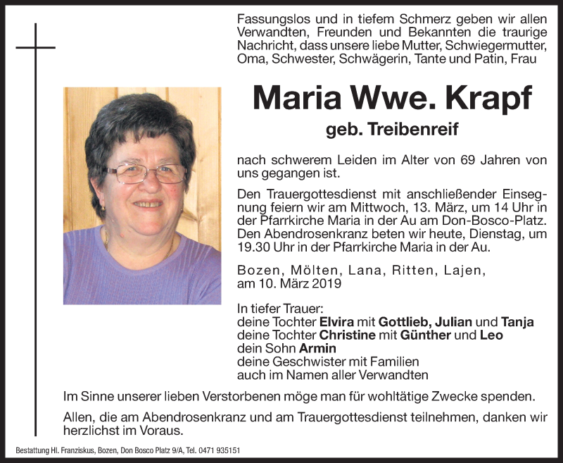  Traueranzeige für Maria Krapf vom 12.03.2019 aus Dolomiten
