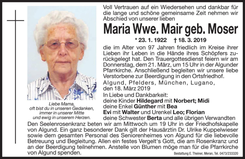  Traueranzeige für Maria Mair vom 20.03.2019 aus Dolomiten