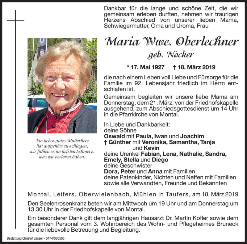  Traueranzeige für Maria Oberlechner vom 20.03.2019 aus Dolomiten