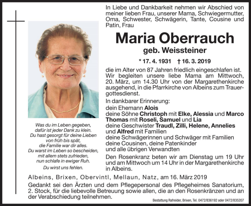  Traueranzeige für Maria Oberrauch vom 18.03.2019 aus Dolomiten