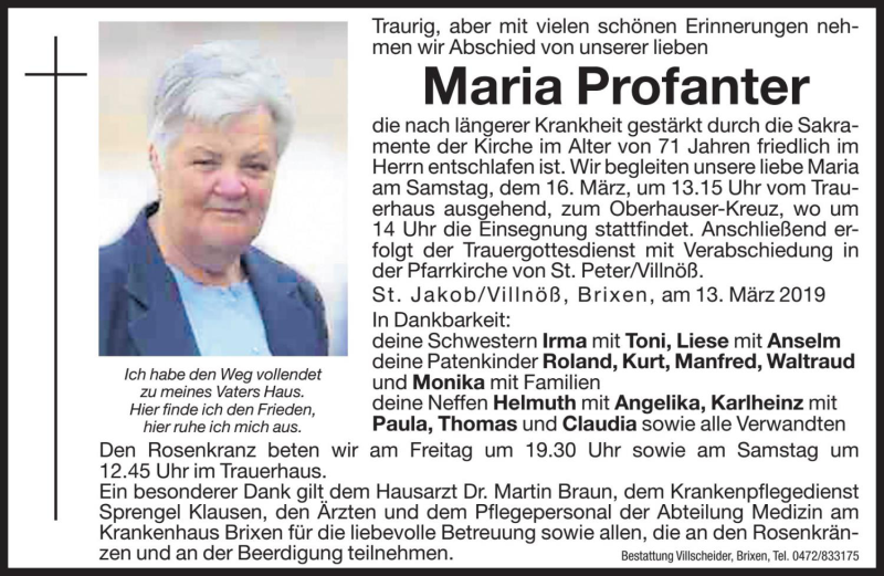  Traueranzeige für Maria Profanter vom 15.03.2019 aus Dolomiten