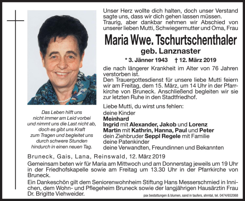  Traueranzeige für Maria Tschurtschenthaler vom 13.03.2019 aus Dolomiten