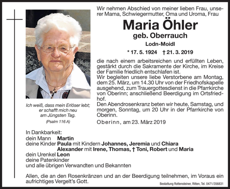  Traueranzeige für Maria Öhler vom 23.03.2019 aus Dolomiten
