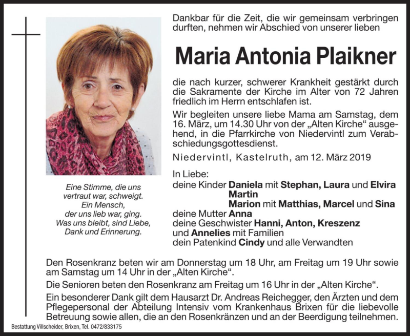  Traueranzeige für Maria Antonia Plaikner vom 14.03.2019 aus Dolomiten