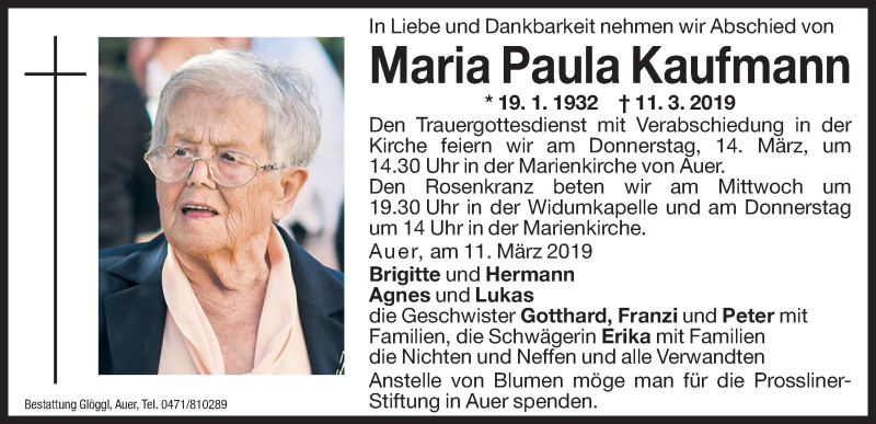  Traueranzeige für Maria Paula Kaufmann vom 12.03.2019 aus Dolomiten