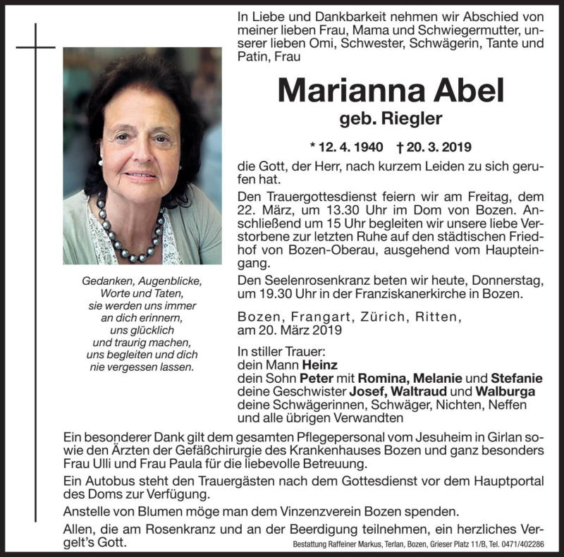  Traueranzeige für Marianna Abel vom 21.03.2019 aus Dolomiten