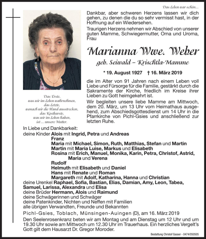  Traueranzeige für Marianna Weber vom 18.03.2019 aus Dolomiten