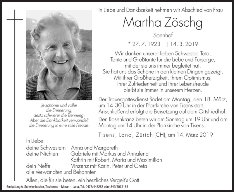  Traueranzeige für Martha Zöschg vom 16.03.2019 aus Dolomiten