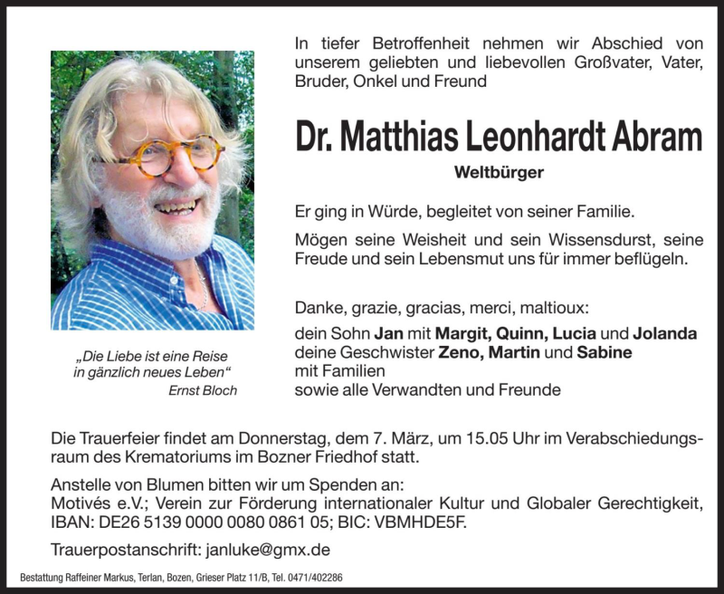  Traueranzeige für Matthias Leonhardt Abram vom 06.03.2019 aus Dolomiten